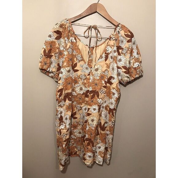 J CREW Womens Zinnia Floral V-Back Linen Dress Sheath Camel Brown BG473 Size‎ 8 - Picture 4 of 6